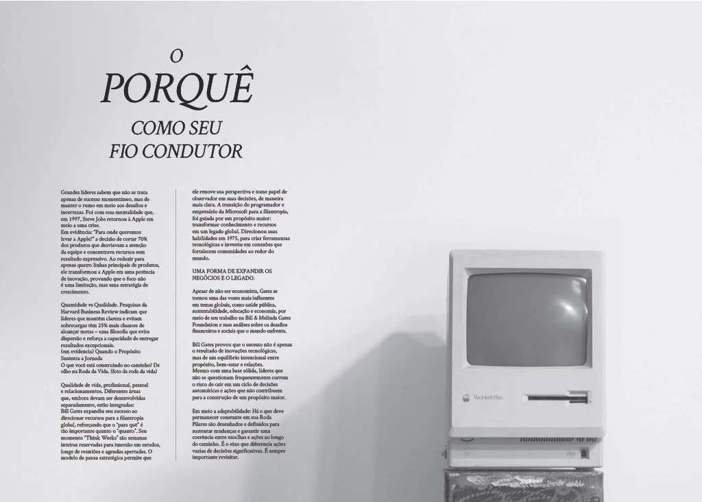 Página de um artigo ou documento com o título 'Porquê' e subtítulo 'Como seu fio condutor'. Ao lado, uma impressora antiga em tom quase branco, com uma folha saindo dela, com fundo cinza claro.