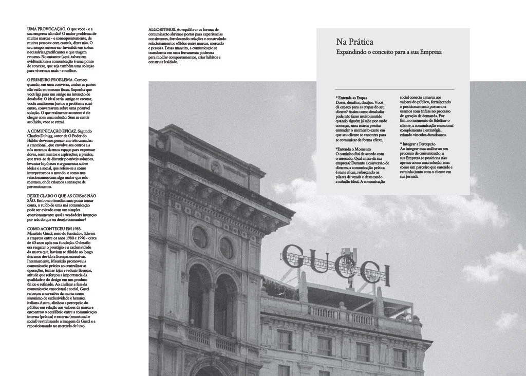 Página de um artigo ou livro com o título "Na Prática Expandindo o conceito para a sua Empresa" ao lado de uma foto de um edifício antigo com o logo da Gucci no topo, em uma rua urbana com céu nublado.