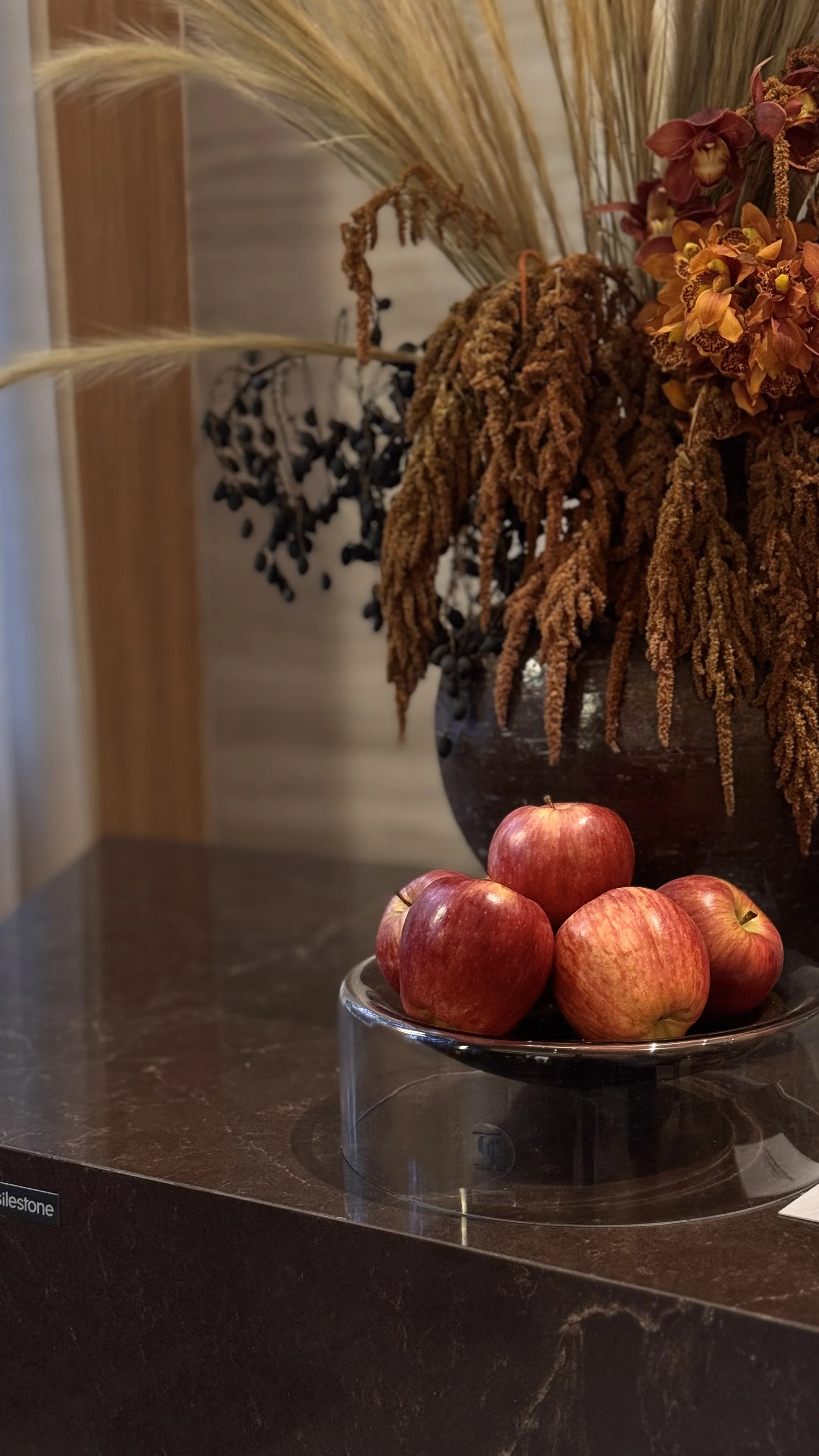 Maçãs vermelhas em uma tigela de vidro sobre uma mesa de cor escura, com um arranjo de plantas secas e folhagem ao fundo