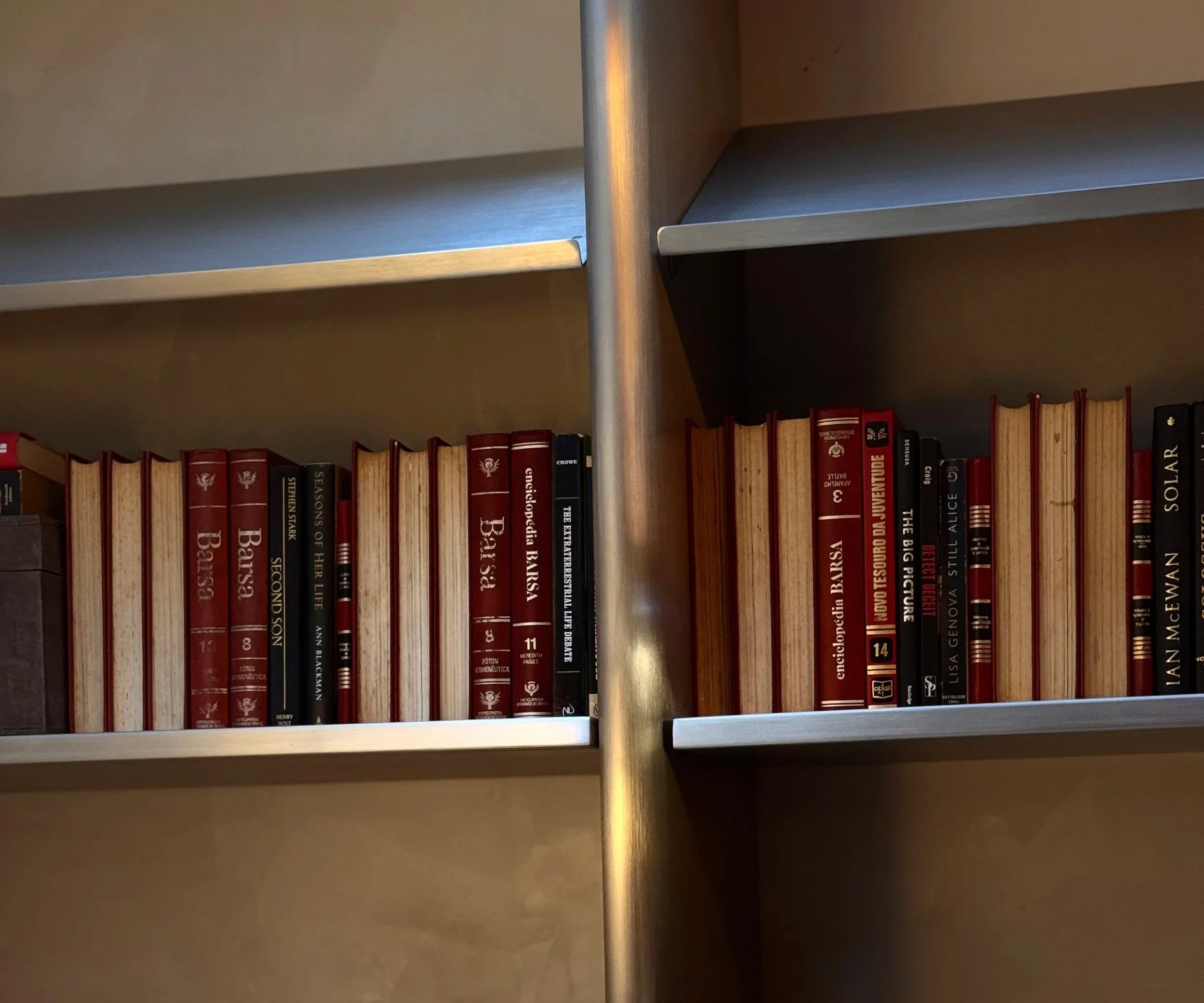 Estante com livros approaching livros de história, política e biografias com capas vermelhas e pretas.