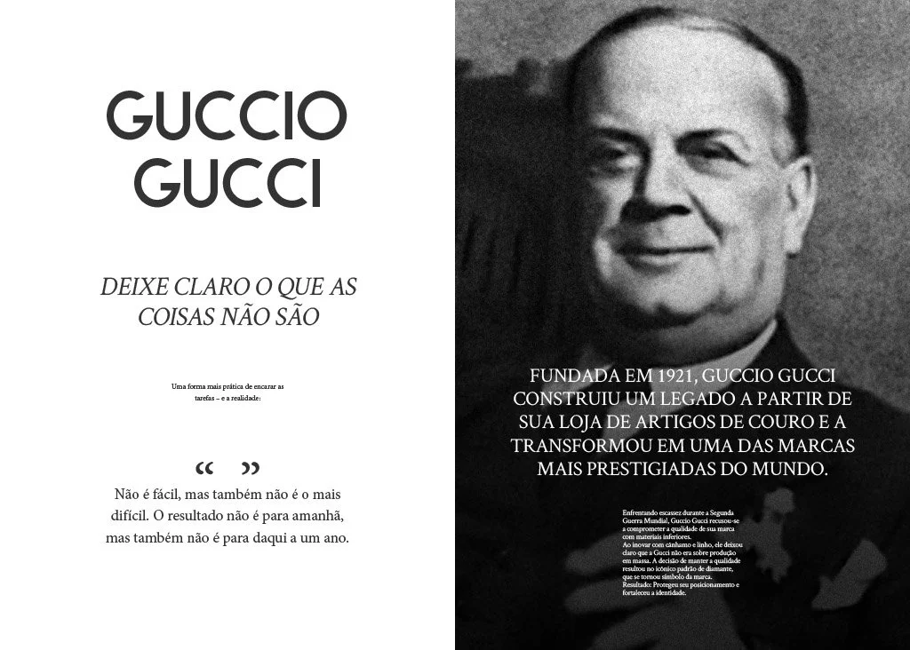 Imagem dividida em duas partes. A esquerda mostra o texto 'GUCCIO GUCCI' em destaque, seguido de uma frase 'DEIXE CLARO O QUE AS COISAS NÃO SÃO' e uma citação motivacional. A direita apresenta uma foto em preto e branco de um homem idoso sorridente, 