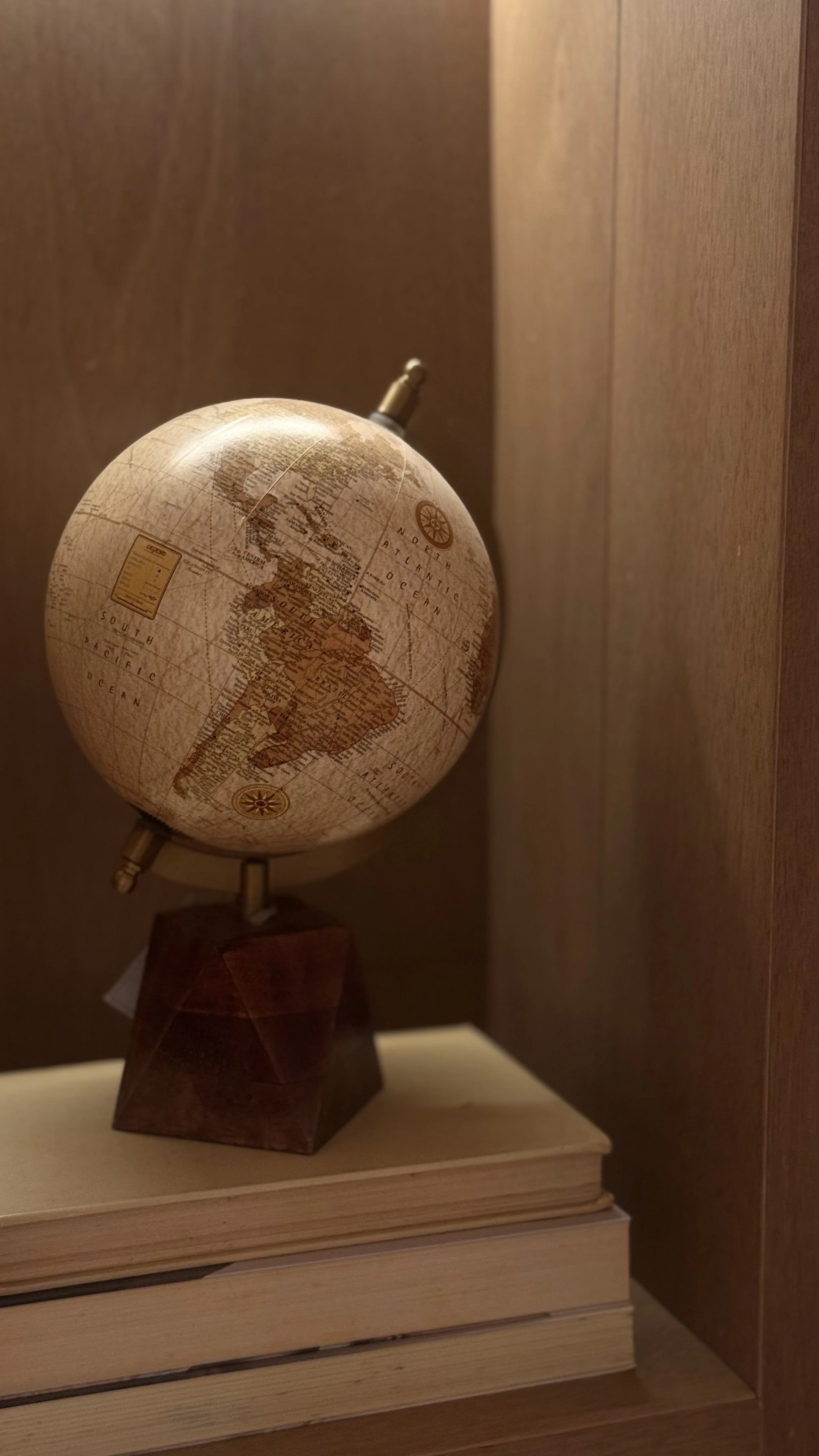 Globo terrestre apoiado em uma pilha de livros de capa dura, posicionado em uma prateleira de madeira.