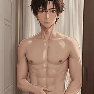 A shirtless young man with brown hair standing indoors in front of curtains.