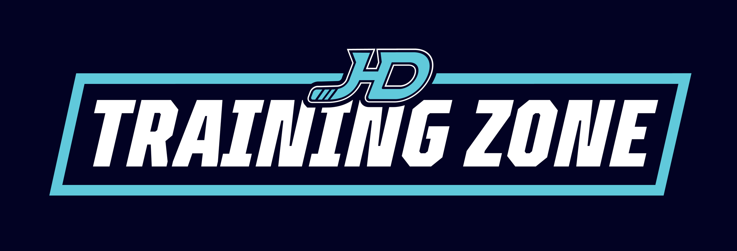 Graphic design with the text 'HD TRAINING ZONE' in bold white letters on a black background, with a stylized 'HD' logo above, all outlined by a light blue border.
