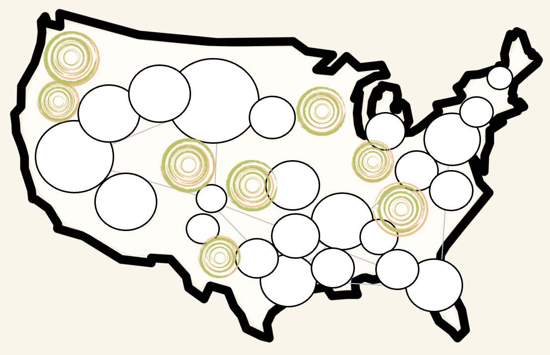An illustration of the United States, dotted with concentric green and orange circles representing Sweet Spots proliferating across the country.