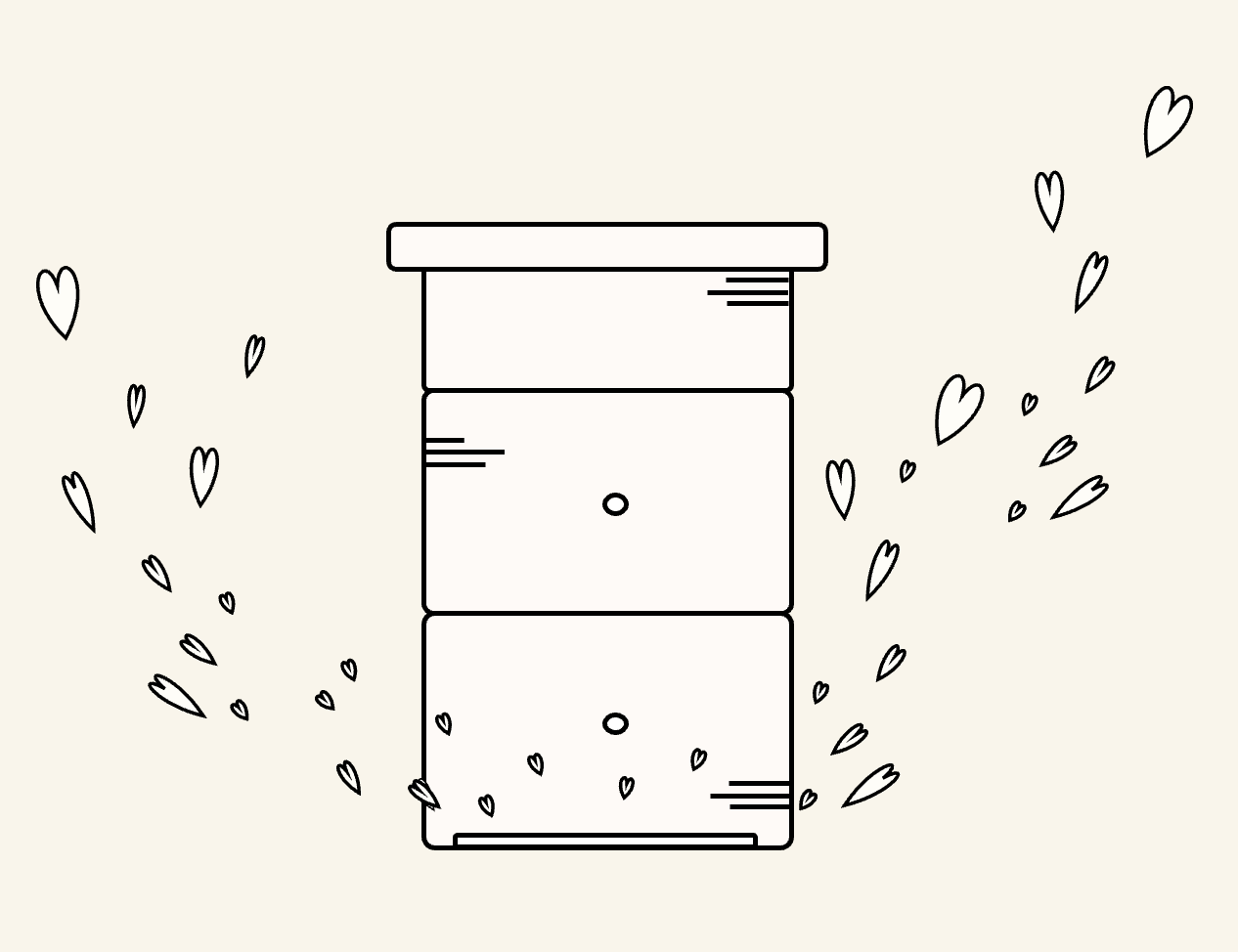 Black and white sketch of a beehive with honey bees pouring out the entrance.