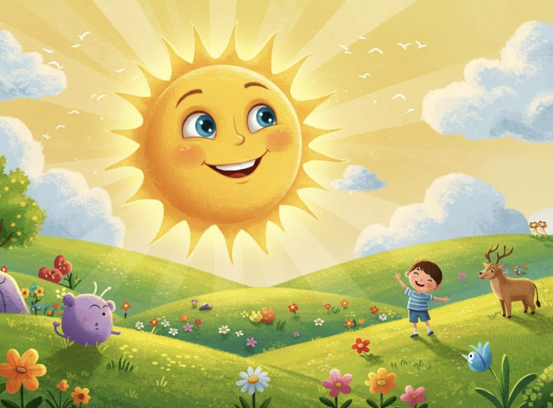 Cartoon sun in field