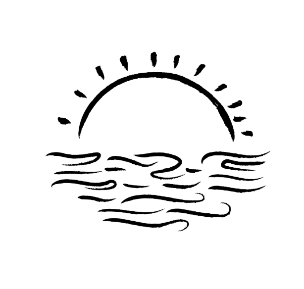 Une illustration simple d'un soleil couchant ou levant au-dessus de la mer, réalisée en traits noirs.