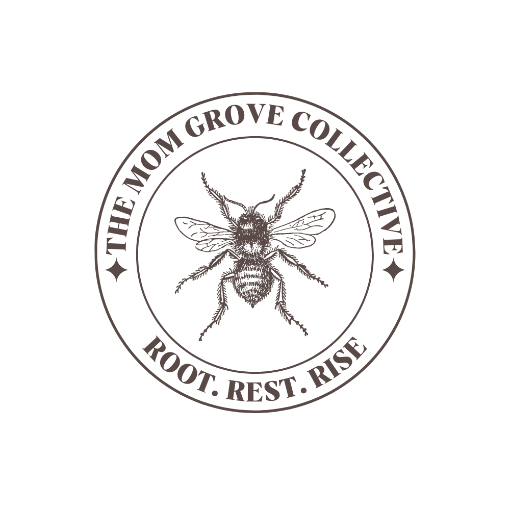 A circular logo for The Mom Grove Collective featuring a bee in the center with the text "ROOT. REST. RISE" around the bottom and "THE MOM GROVE COLLECTIVE" around the top of the circle.