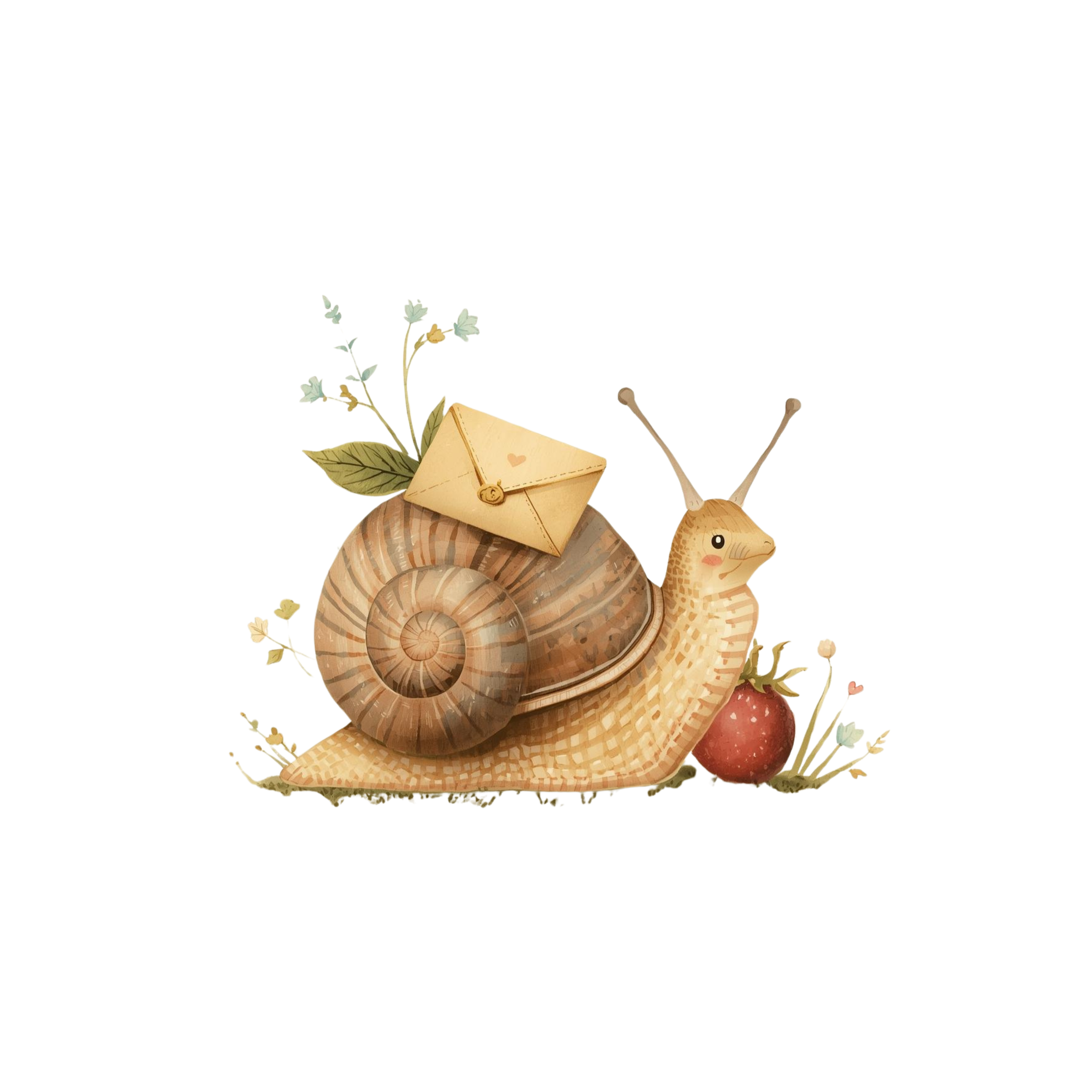 A whimsical illustration of a snail with a large shell, carrying an envelope, a small plant, and a red mushroom, set on grass with flowers.