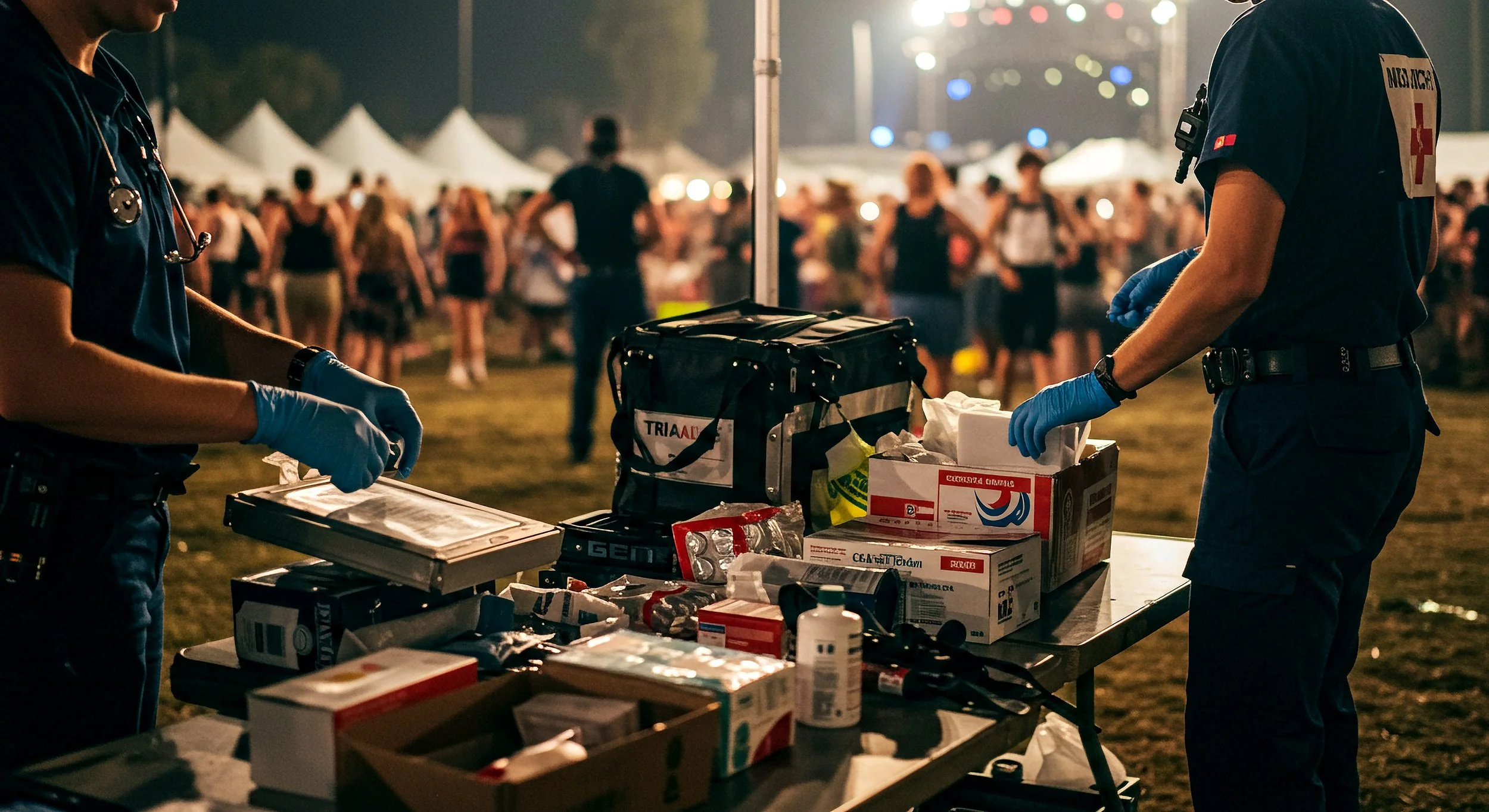 Nighttime scene at a festival with emergency medical responders preparing supplies at a table, with a crowd of festival-goers in the background.