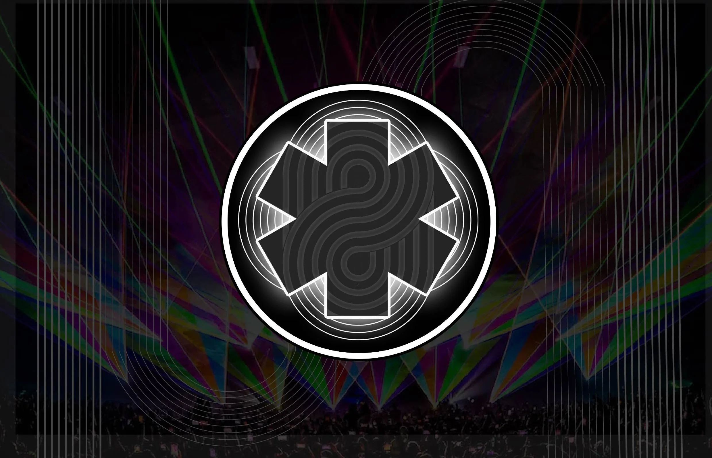 Digital graphic with intricate black and white circular design resembling a stylized leaf or organic shape, set against a backdrop of colorful laser light patterns.