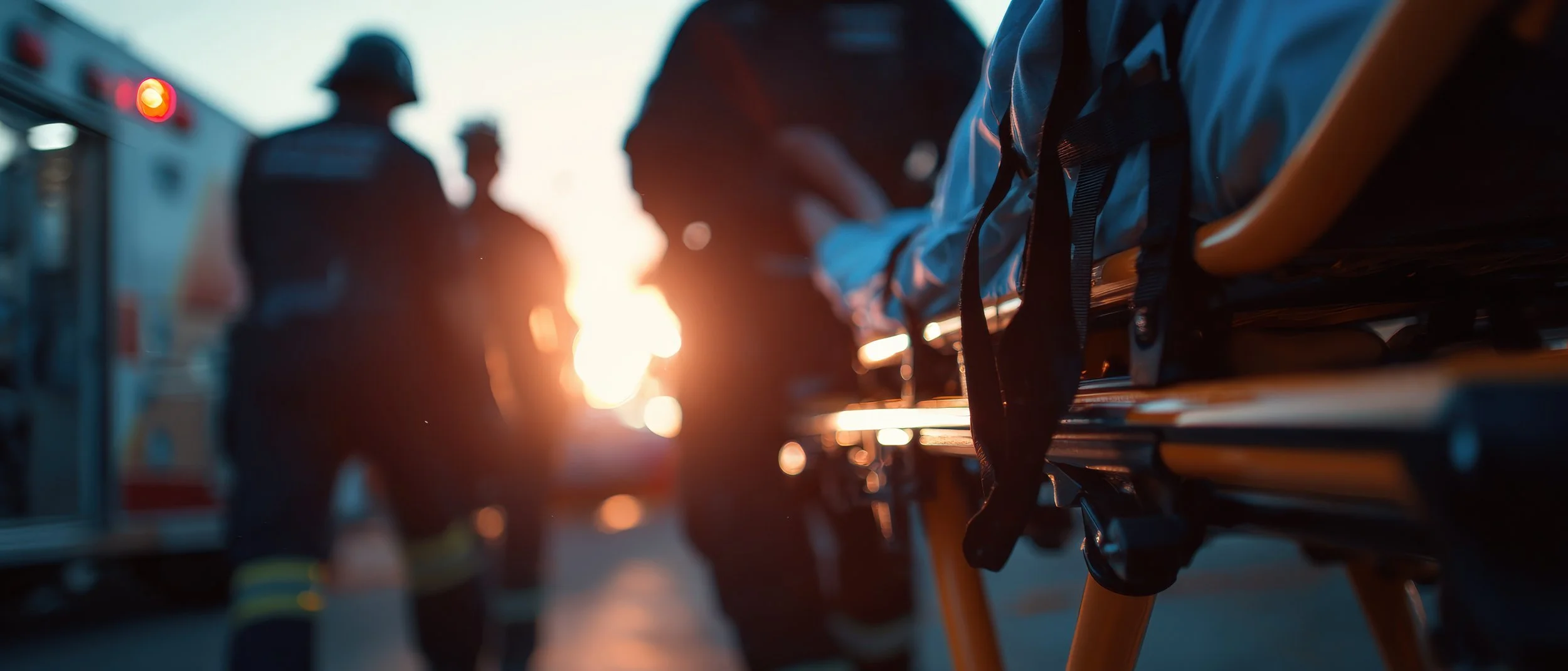 Emergency responders and an ambulance at the scene of an emergency with sunset in the background.