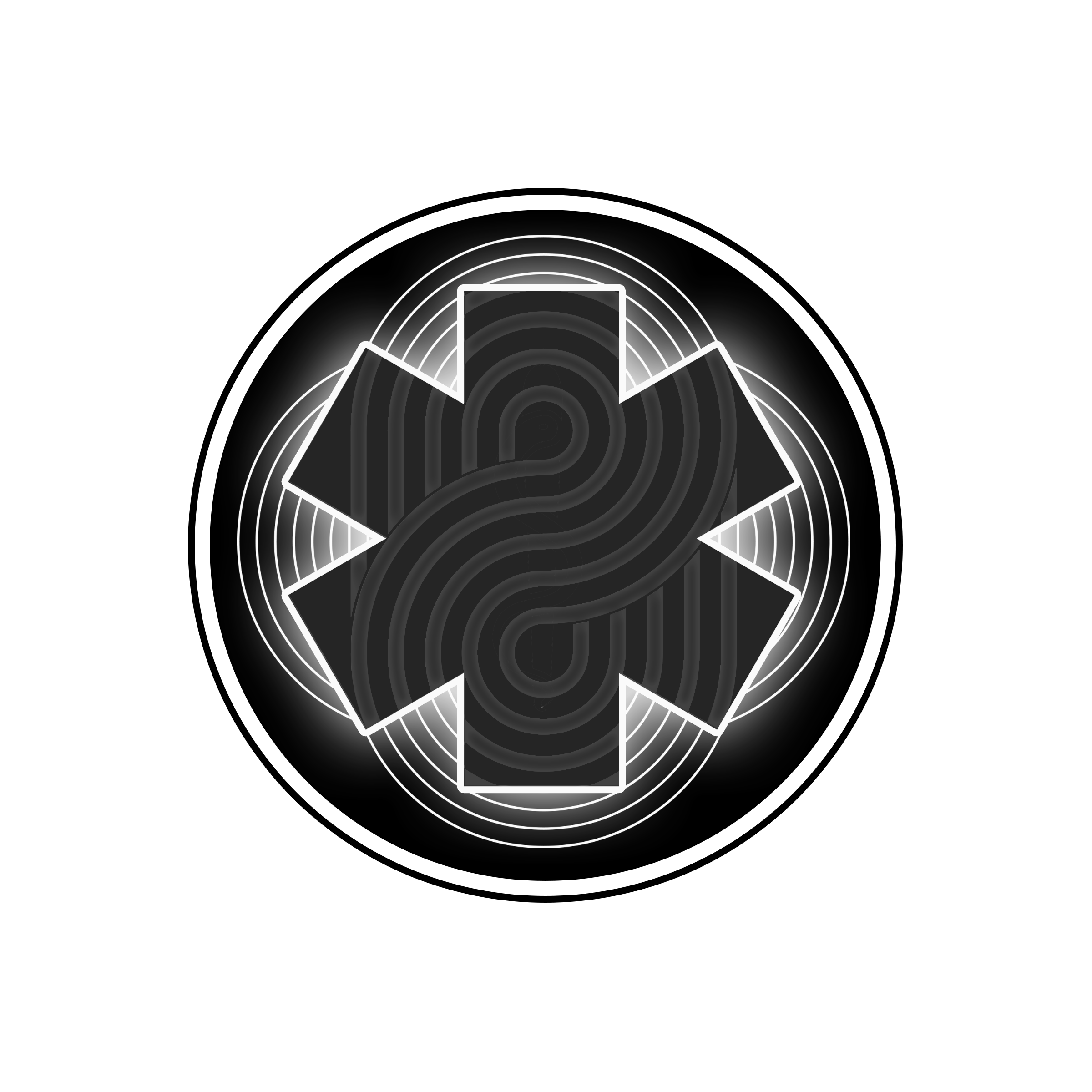 Black and white digital illustration with an intricate circular maze design containing a stylized number 2 in the center, with concentric circles and geometric shapes surrounding it.