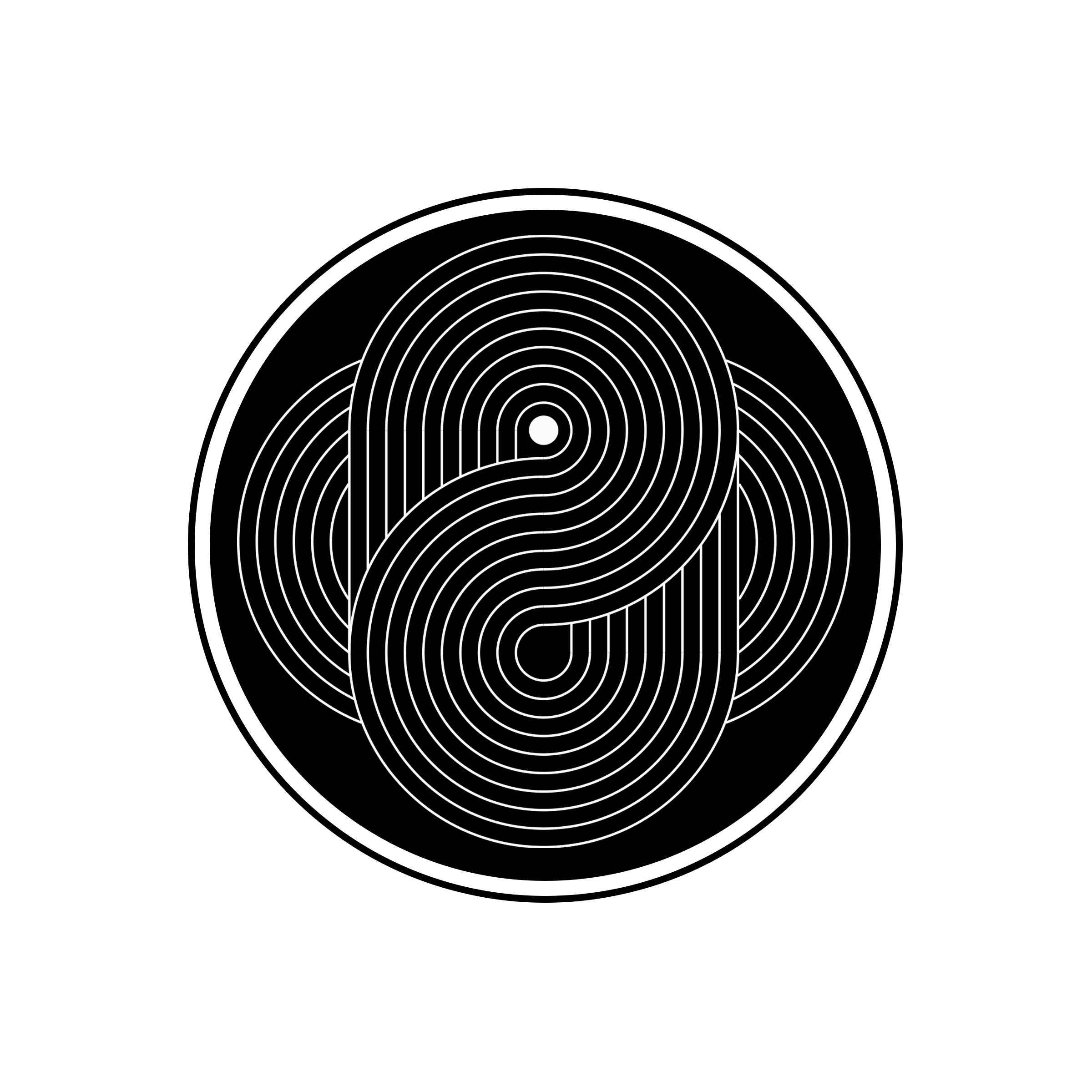 Black and white circular maze with a symmetrical labyrinth pattern.