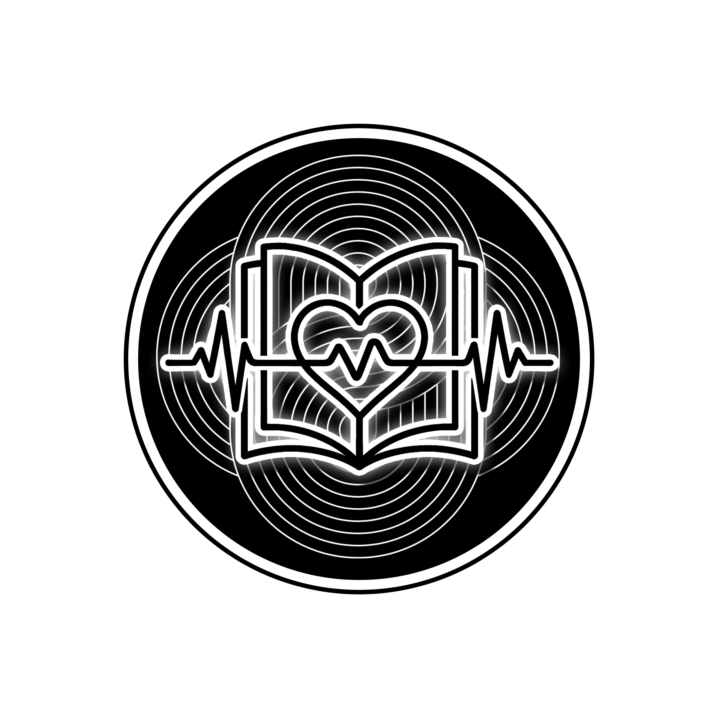 Neon-style black and white icon depicting a heart within an open book, with a heartbeat line running through the heart and book, surrounded by concentric circles.