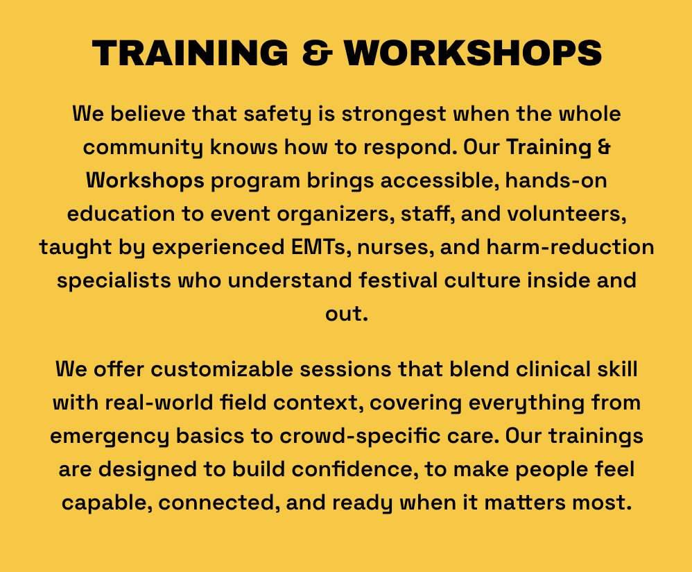 Yellow background with bold black text about training and workshops for community safety, emphasizing hands-on education led by emergency responders and tailored sessions for confidence and preparedness.