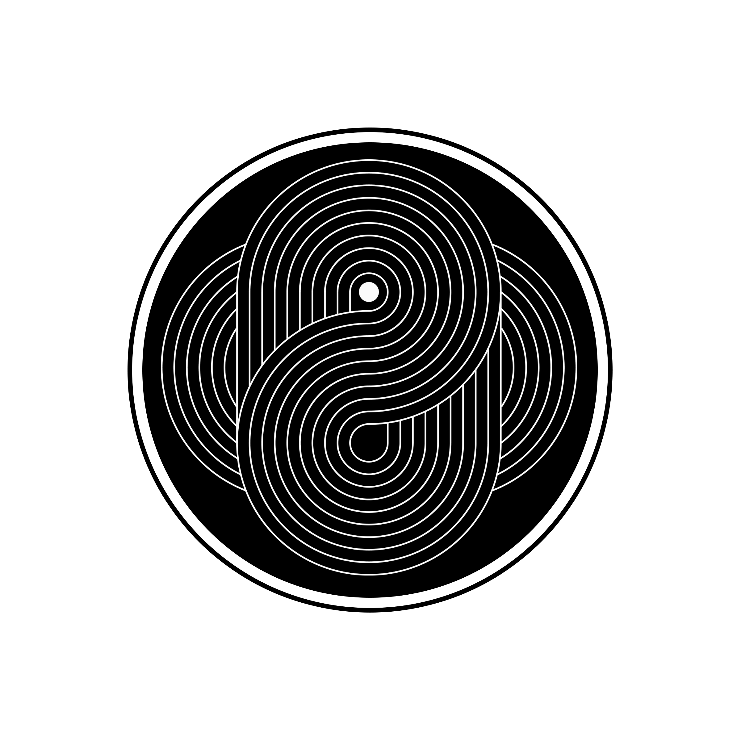 Black and white labyrinth maze design with concentric lines forming an abstract pattern.