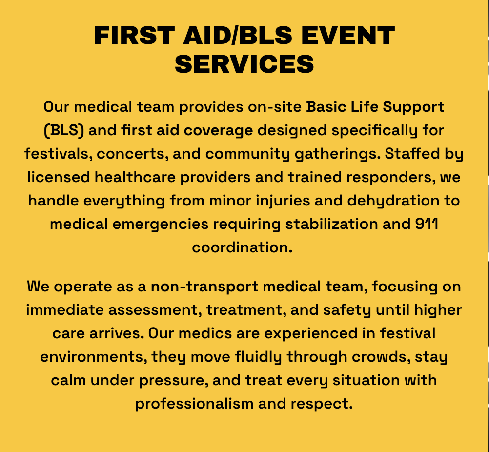 Yellow background with black text advertising First Aid/Bls Event Services, detailing services provided by a medical team at festivals, concerts, and community gatherings.