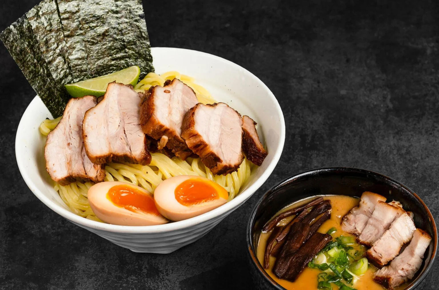 The works! Tsukemen served with seasoned egg, generous portions of thick cut chashu, and three pieces of seaweed.