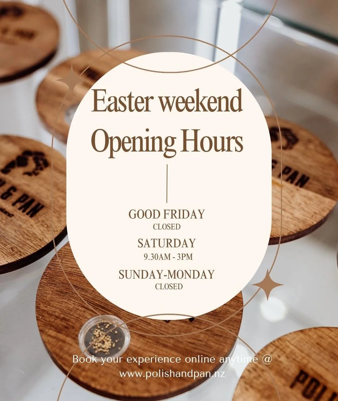 🐣 Easter weekend hours 🐣 

We&rsquo;ll be taking a wee break this Friday, but back on Saturday for a day of gold fun!! 

You can still book your gold panning experience online anytime ✨
www.polishandpan.nz

Wishing you all a safe and happy Easter ?