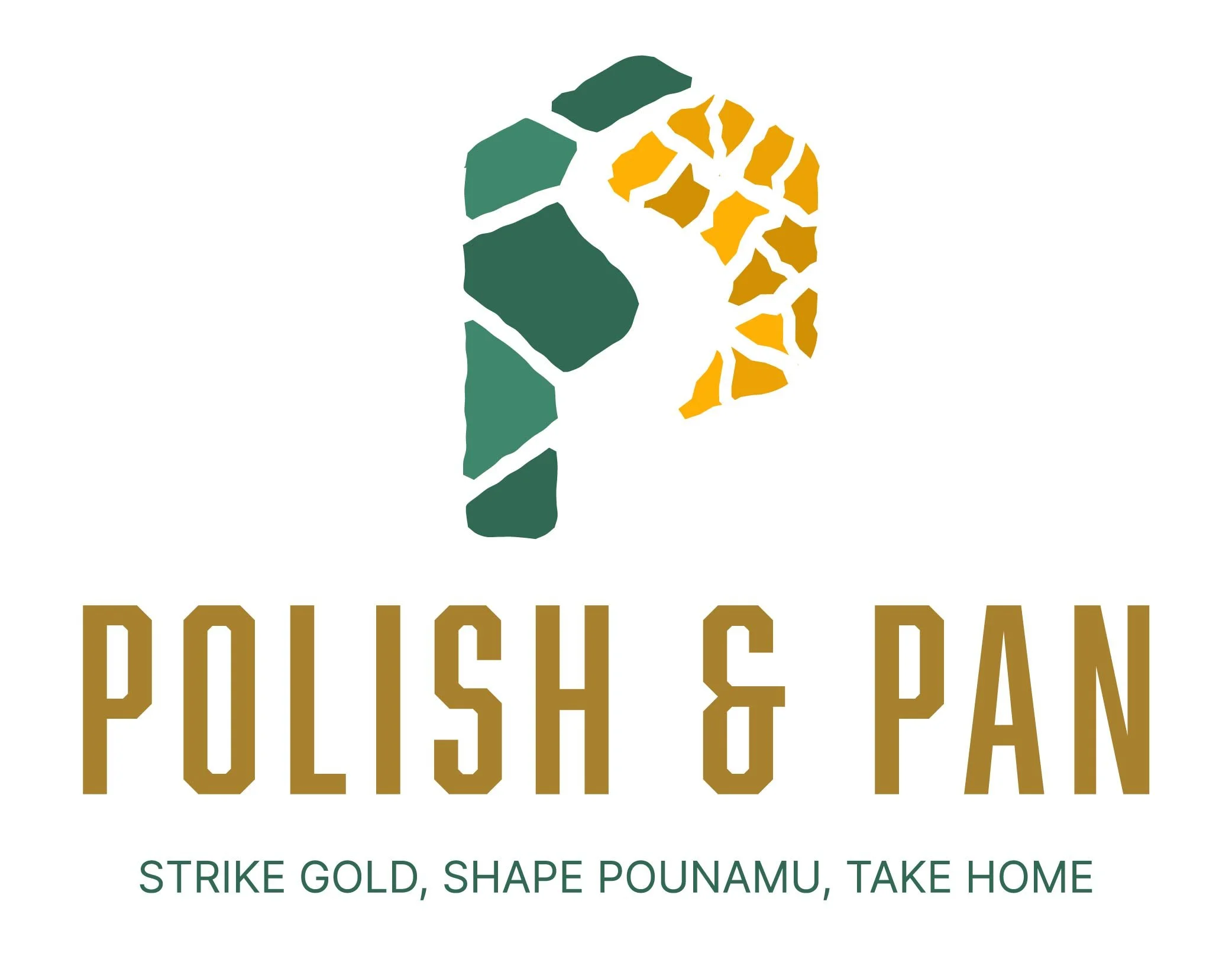 The logo for Push & Pan featuring a toast graphic with a green crust and gold filling, and the text "Push & Pan" underneath, with the tagline "Strike Gold, Shape Pounamu, Take Home."