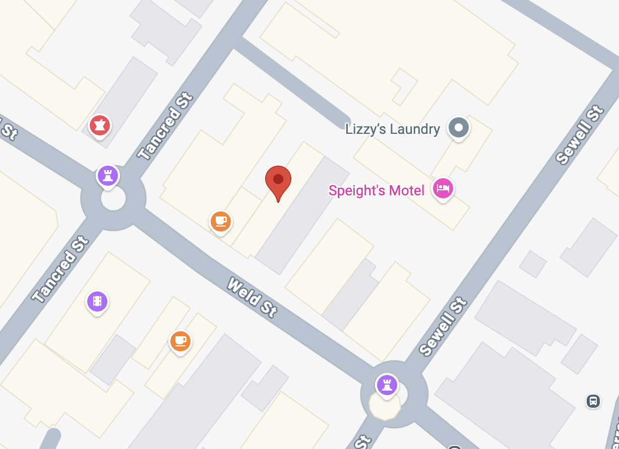 Map showing the intersection of Tancred Street, Weld Street, and Sewell Street. Nearby landmarks include Lizzy's Laundry, Speight's Motel, and 2 coffee shops. There are icons for laundry, cafes, and landmarks on the map.