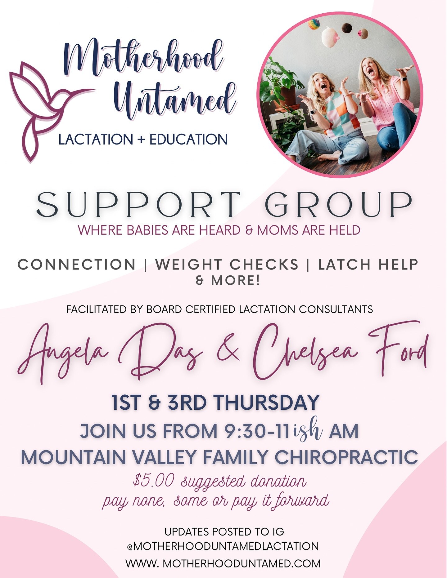 SUPPORT GROUP 💁🏼&zwj;♀️ 

🗓️ First and third Thursday *usually, we post when it&rsquo;s off schedule* 
📍 @mountainvalleyml  Mountain Valley Family Chiropractic on Harmony/College in Fort Collins, CO 
⏰ 9:30-11 am 
💵 $5.00 suggested donation 

We