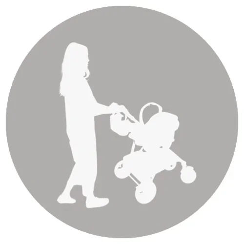 Silhouette of a girl pushing a stroller within a circular background.