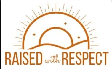 Sunrise or sunset with rays behind a hill, with the text 'RAISED with RESPECT' below in brown font.