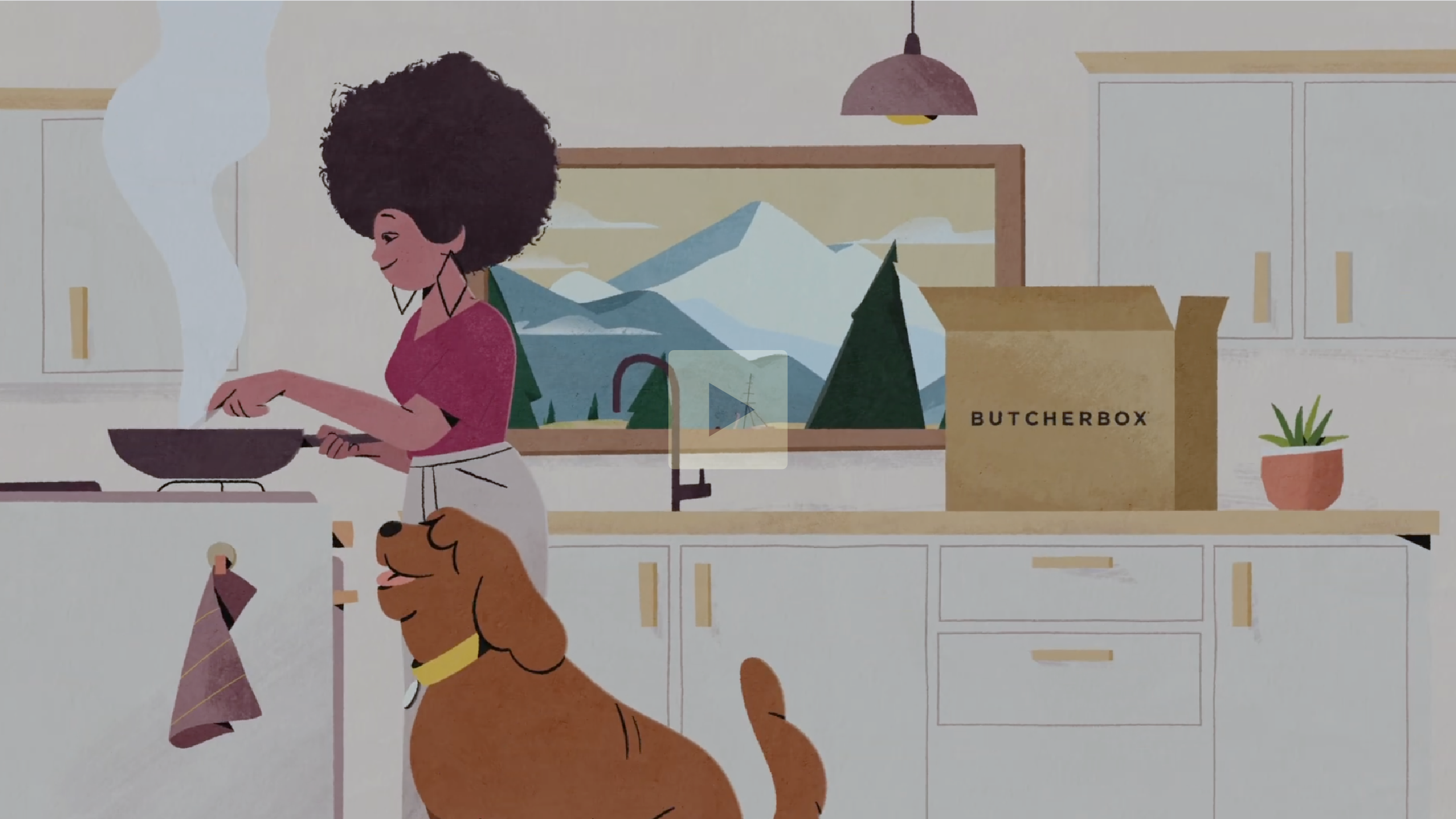A woman cooking in a kitchen with a mountain landscape visible through a window behind her. A dog is sitting on the counter next to her.