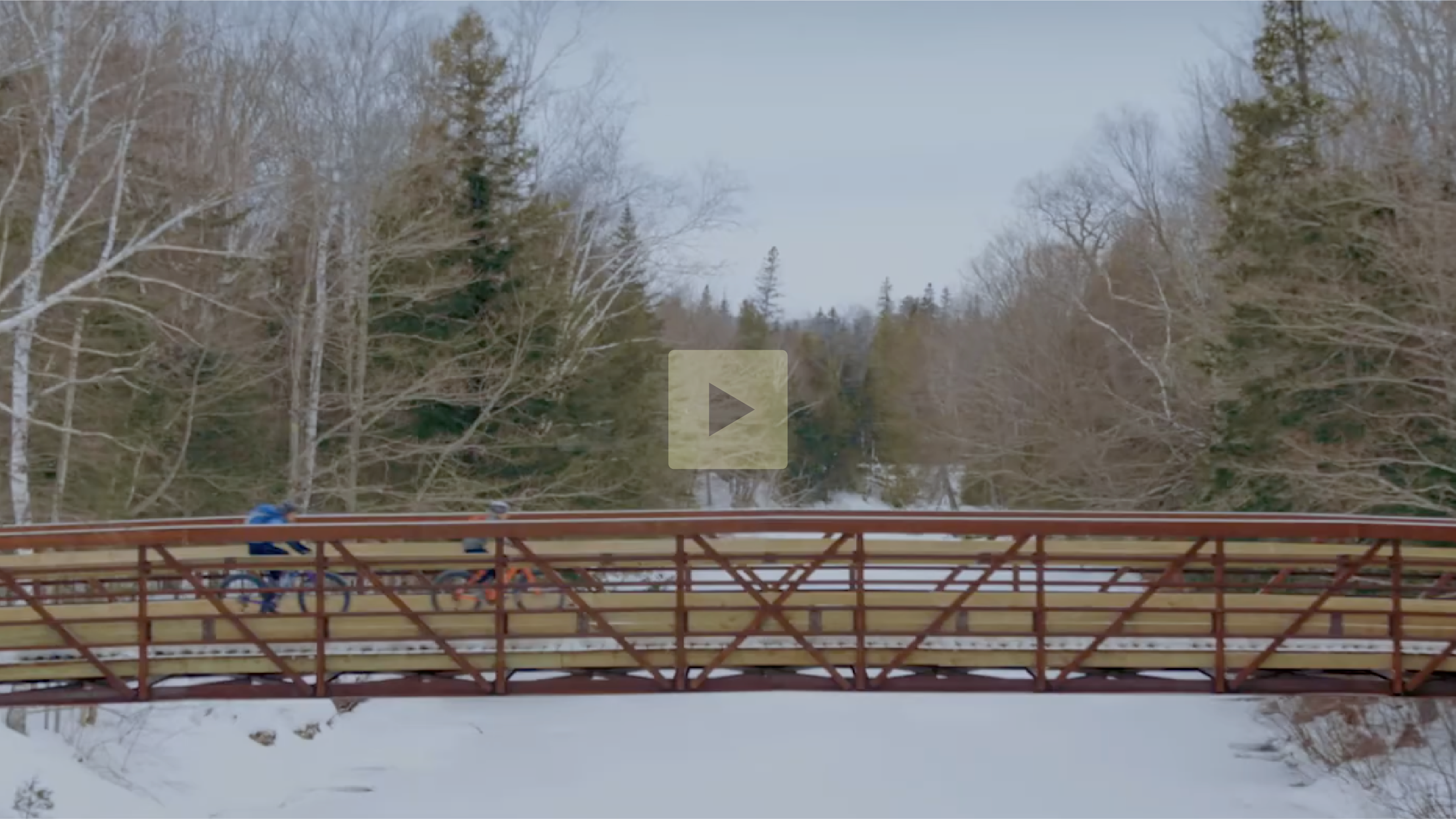 A red bridge over a snowy river with leafless trees in the background, and two cyclists riding across the bridge.