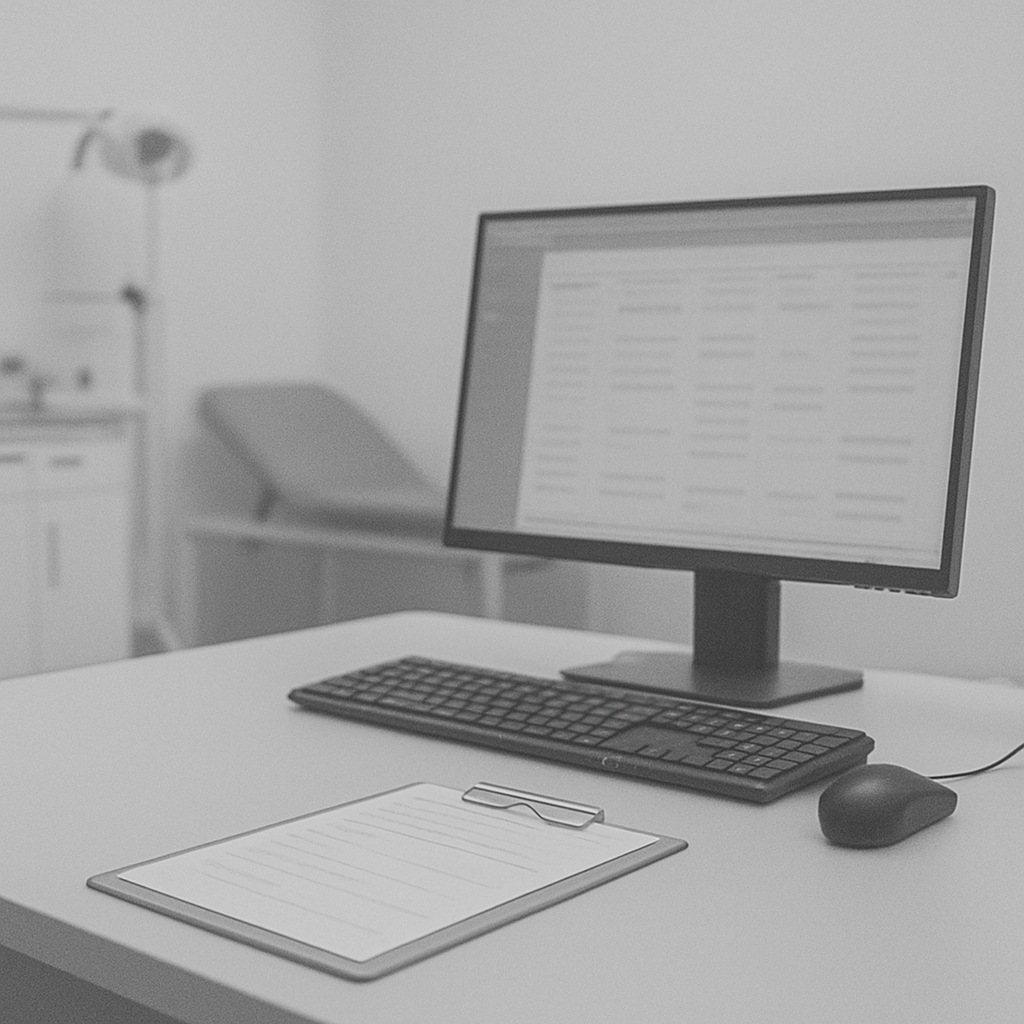 Healthcare IT environment with secure workstations and HIPAA-compliant technology setup.