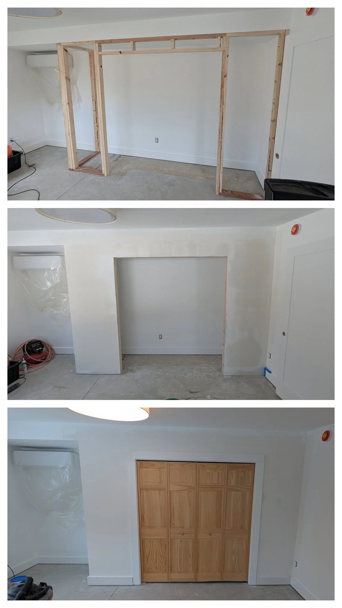 Progression of a room transformation, showing the framing of a new wall, then drywall installation, and finally a new wooden closet door.