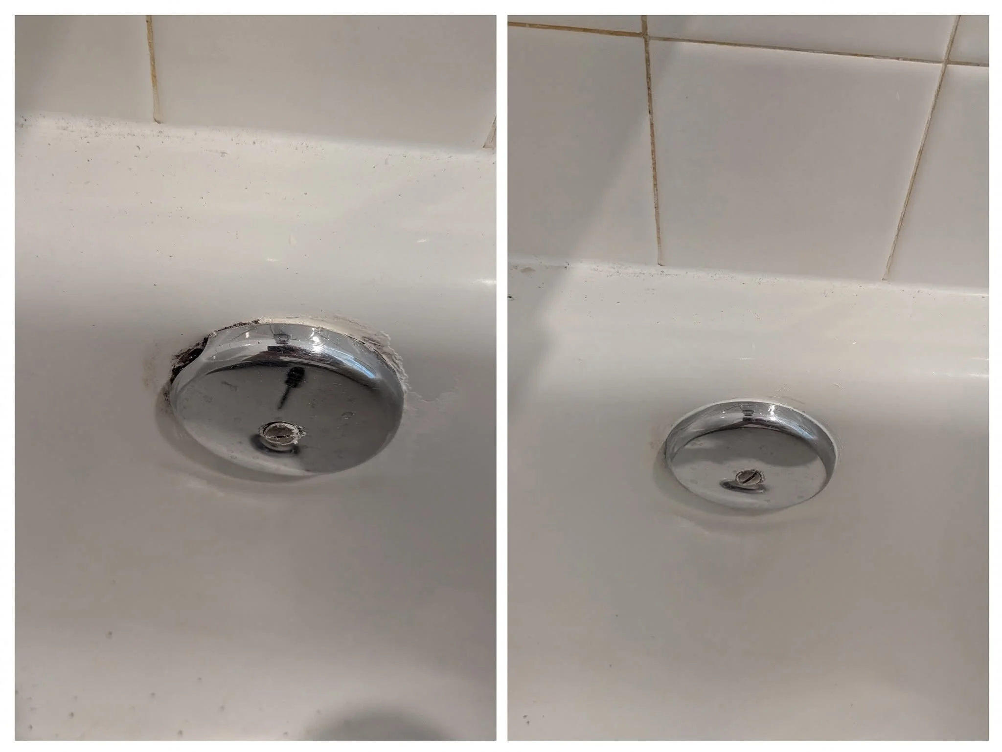Comparison of a bathroom sink drain before and after cleaning with a metal drain cover.