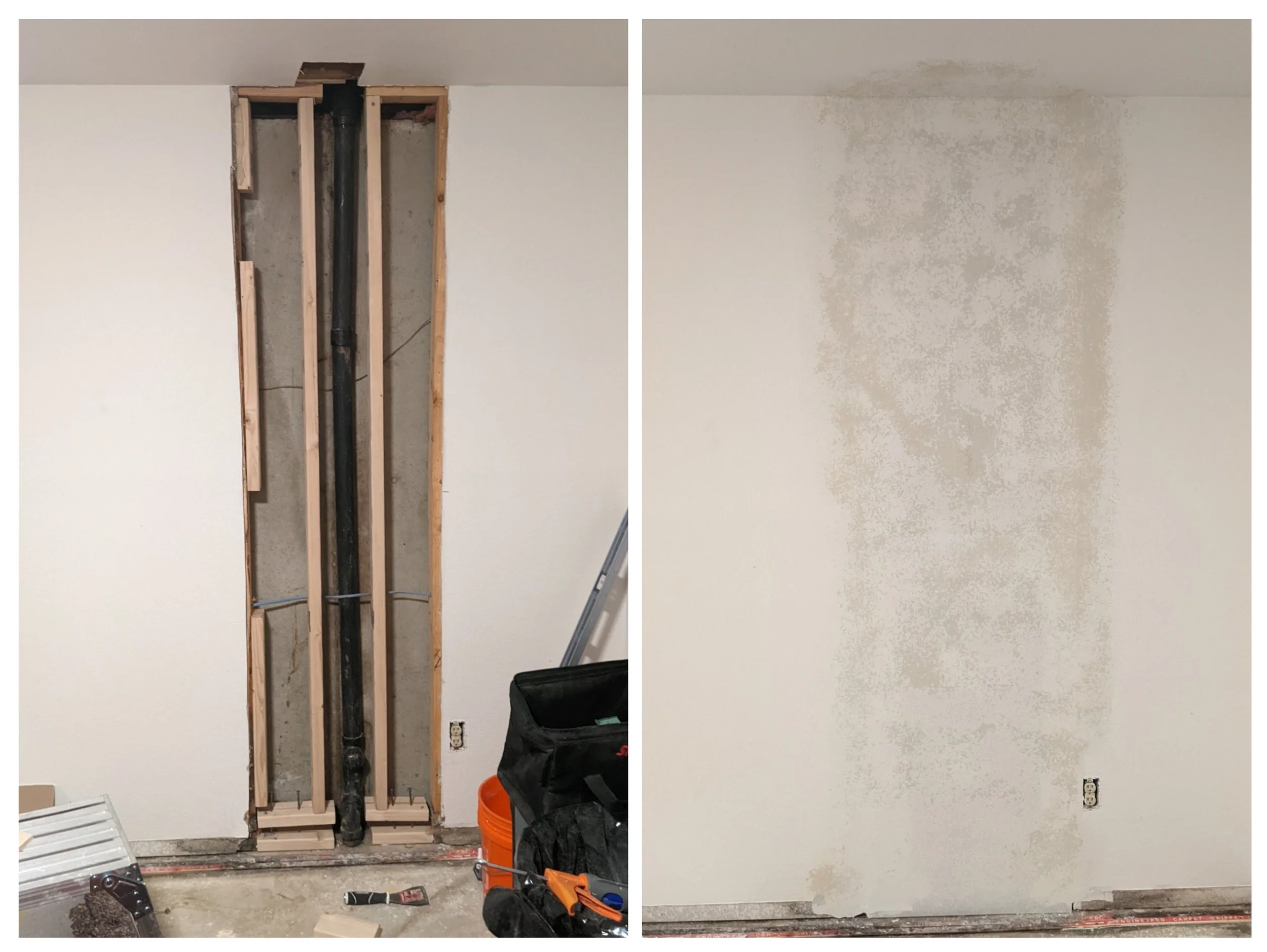 Before and after images of wall repair with plumbing work exposed in the first image and drywall patching in the second.