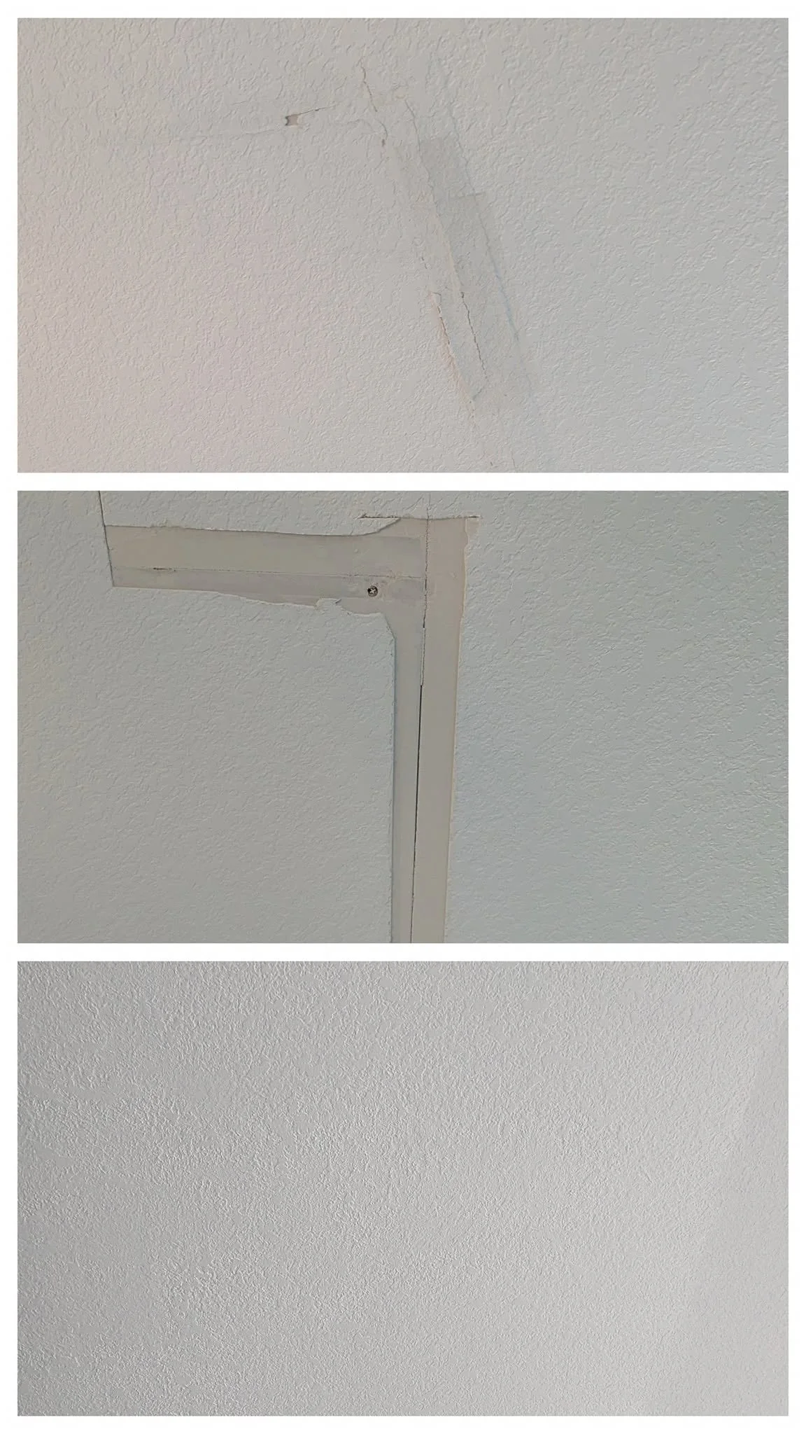 Three images showing a section of a textured white ceiling. The top image shows a crack in the ceiling, the middle image shows the ceiling with a drywall patch and tape, and the bottom image shows the finished, smooth ceiling surface.