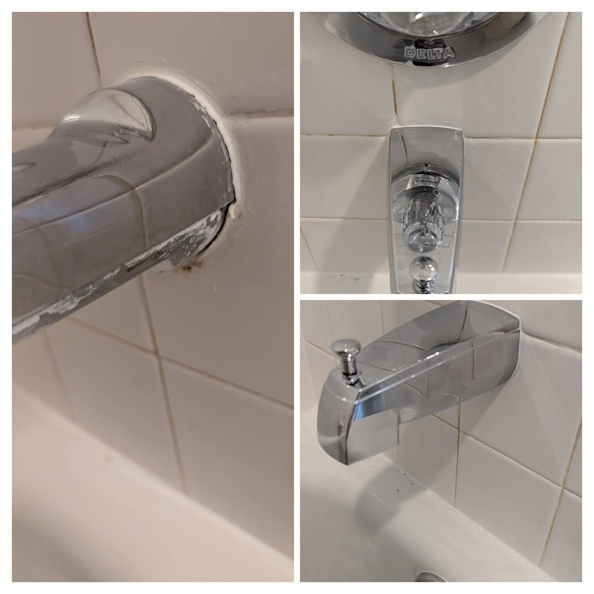 Close-up of a bathroom faucet and handles, showing before and after cleaning.