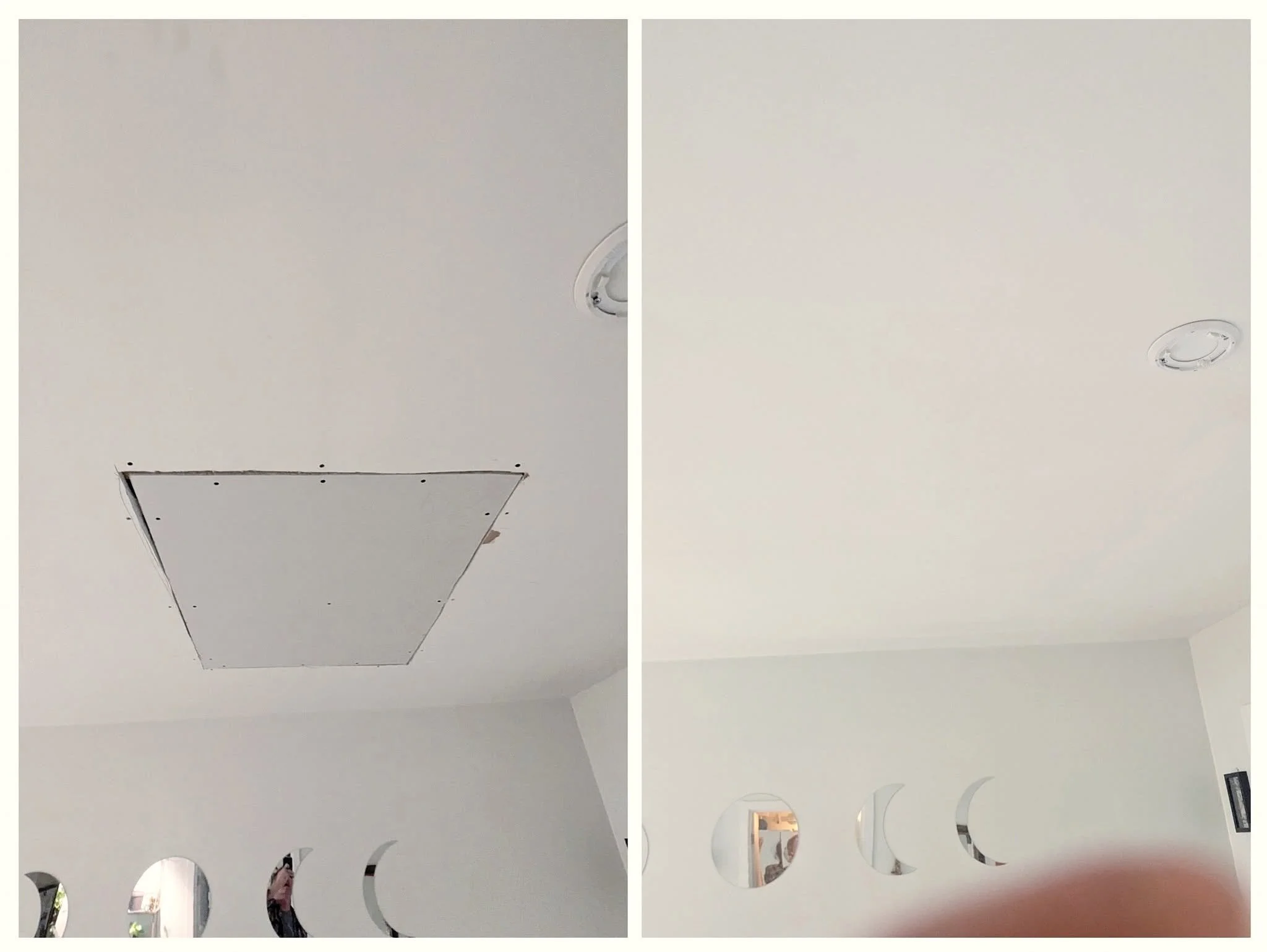 Comparison of a ceiling before and after renovation, showing a ceiling with an open space and a ceiling with recessed lights and a partial wall with round cutouts.
