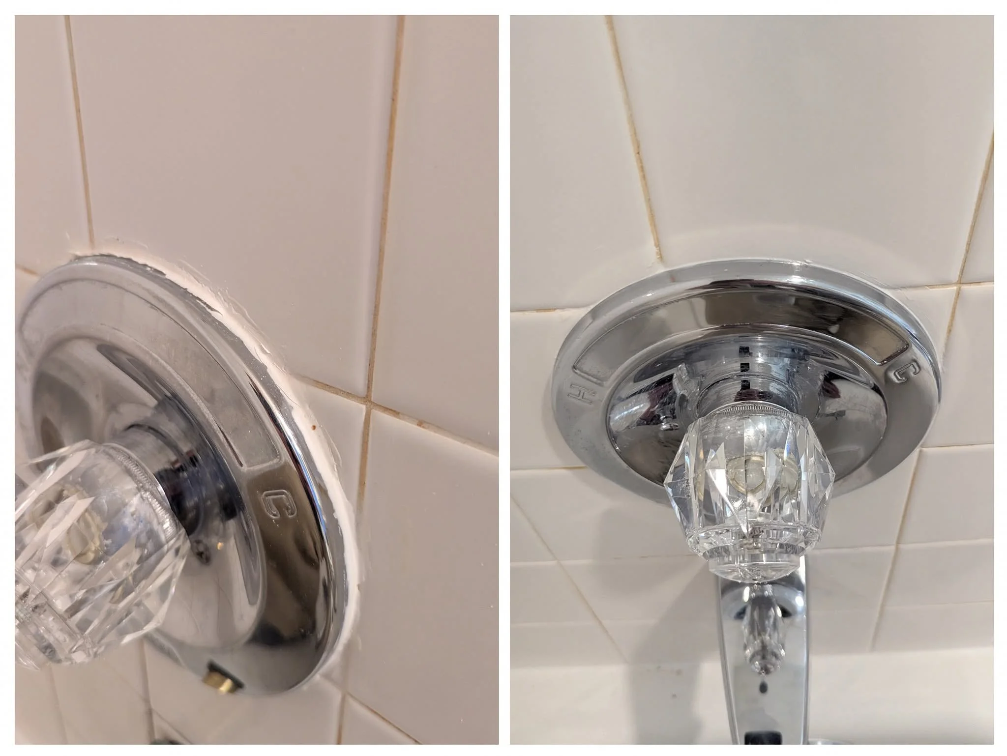 Close-up of a vintage-style shower faucet with a crystal-like handle installed on a tiled bathroom wall.