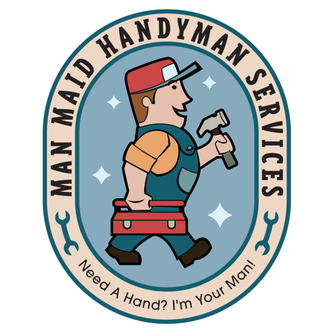 Logo for a handyman services company featuring a cartoon handyman with a hammer, carrying a toolbox. Text reads 'Man Made Handyman Services' and 'Need A Hand? I'm Your Man!'.