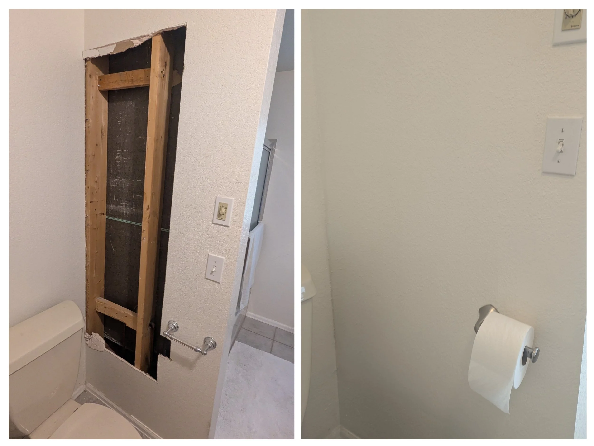 Left side shows a wall with a large rectangular hole revealing the inner wall structure and pipes, with part of a toilet visible at the bottom, on the right side shows a clean wall with a toilet paper holder and a roll of toilet paper, and an inactiv