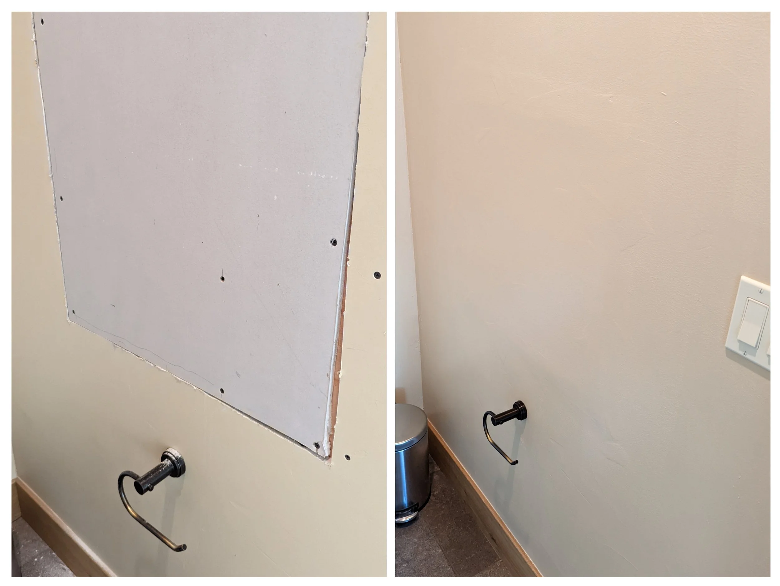 Side-by-side comparison of a beige wall with a toilet paper holder. The left image shows a drywall patch with screw holes and unpainted edges. The right image shows the same wall after painting, with the patch smoothly blended into the wall.