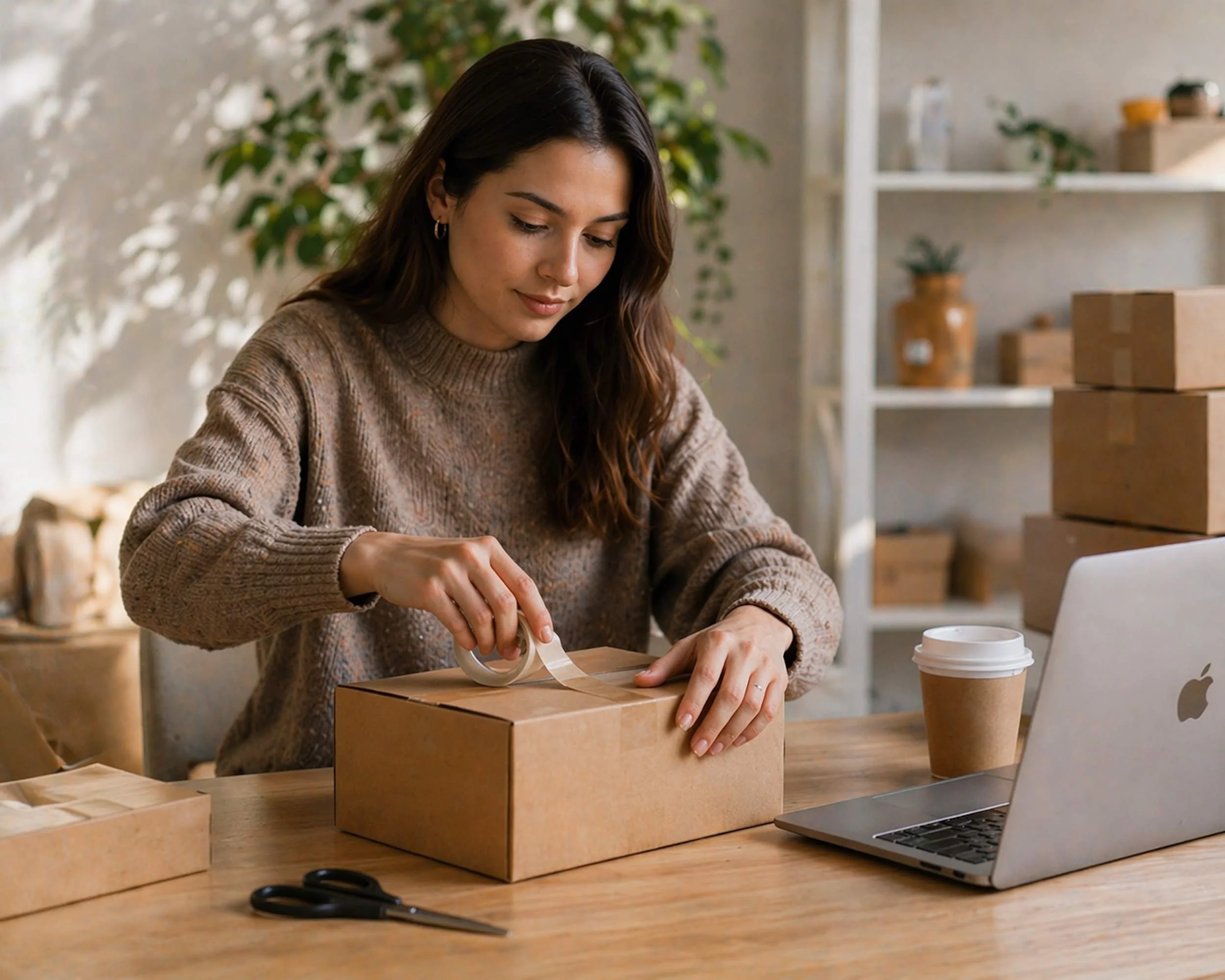 A woman with long brown hair and hoop earrings is packing a brown cardboard box at a wooden table in a room decorated with green plants and light-colored walls, with a laptop and a to-go coffee cup nearby.