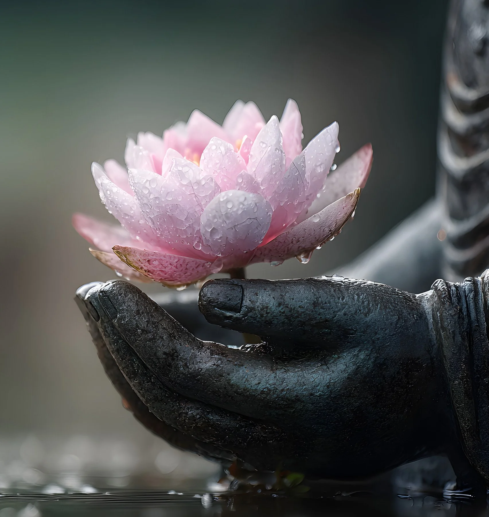 Close-up of a pink, water-beaded lotus flower held gently in the open, weathered hands of a dark statue, symbolizing purity and restoration.