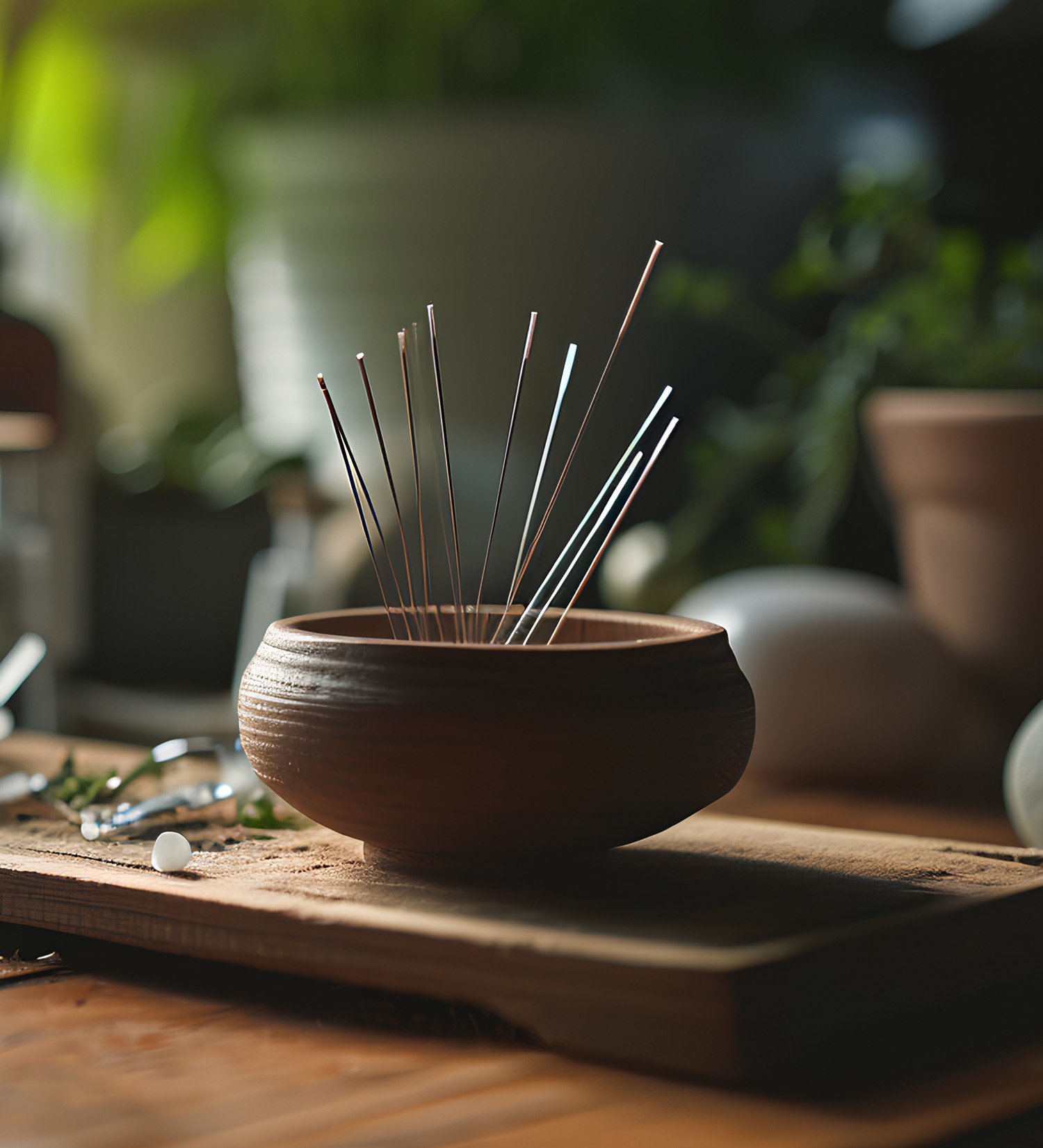 A wooden bowl containing colored metal knitting needles on a wooden surface with scattered knitting supplies, in a room with sunlight and potted plants in the background.