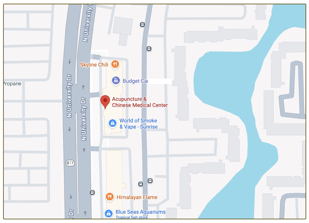 Map image showing the location of Acupuncture & Chinese Medical Center at 2810 N University Dr, Sunrise, FL, with surrounding landmarks for navigation.