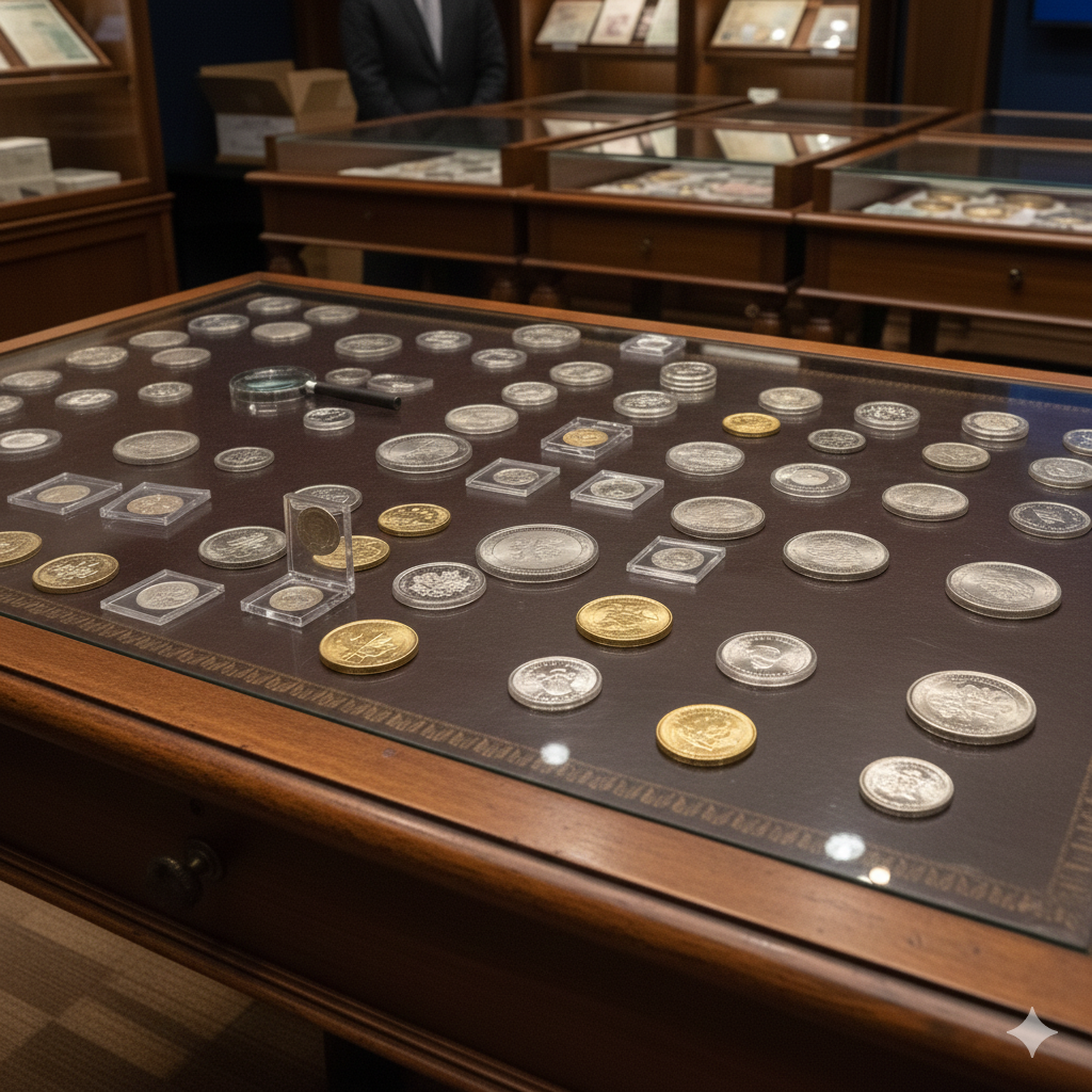 Display case with various silver and gold coins in a museum setting.
