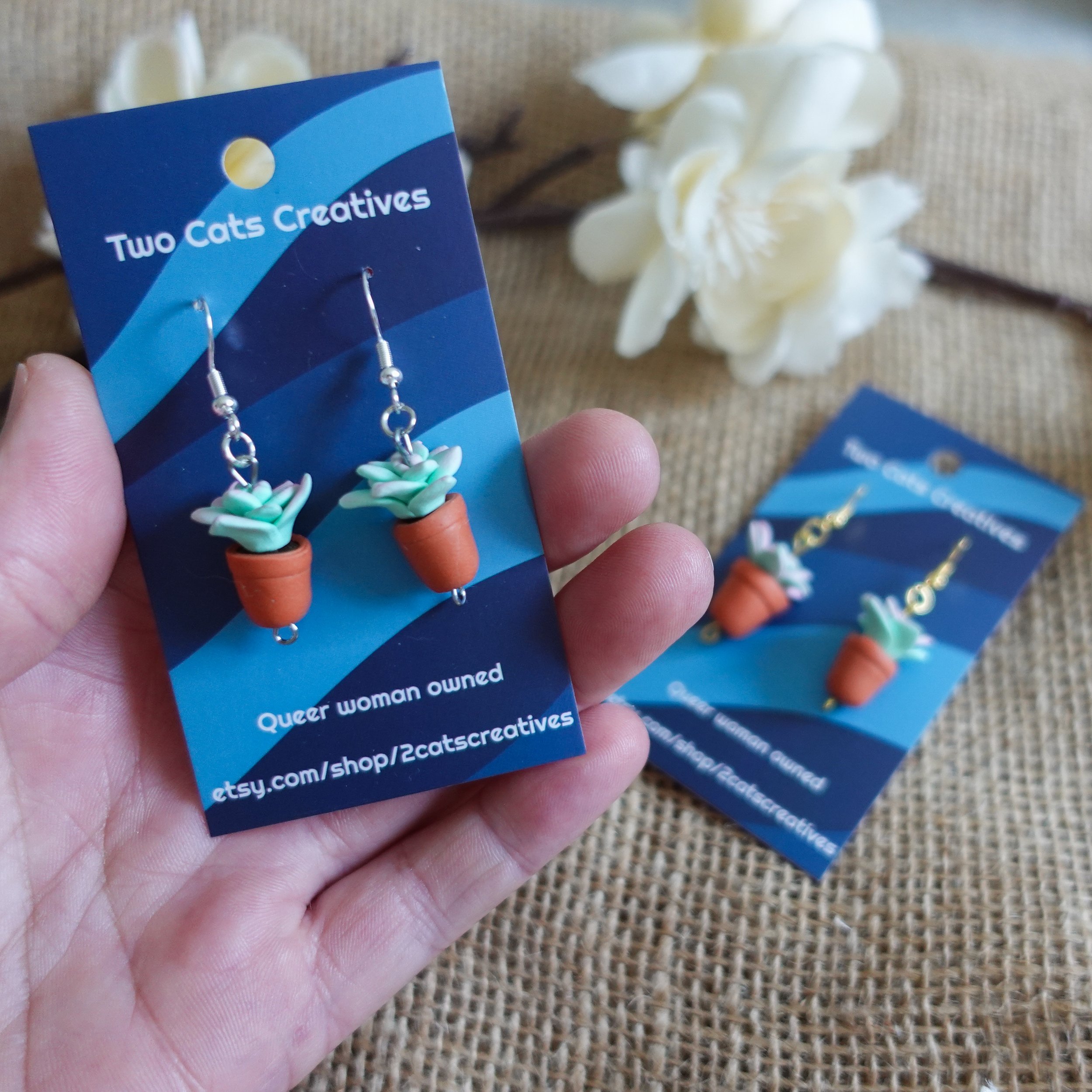 Handmade Succulent Botanical Polymer Clay Fish Hook Earrings – Nature-Inspired Jewelry