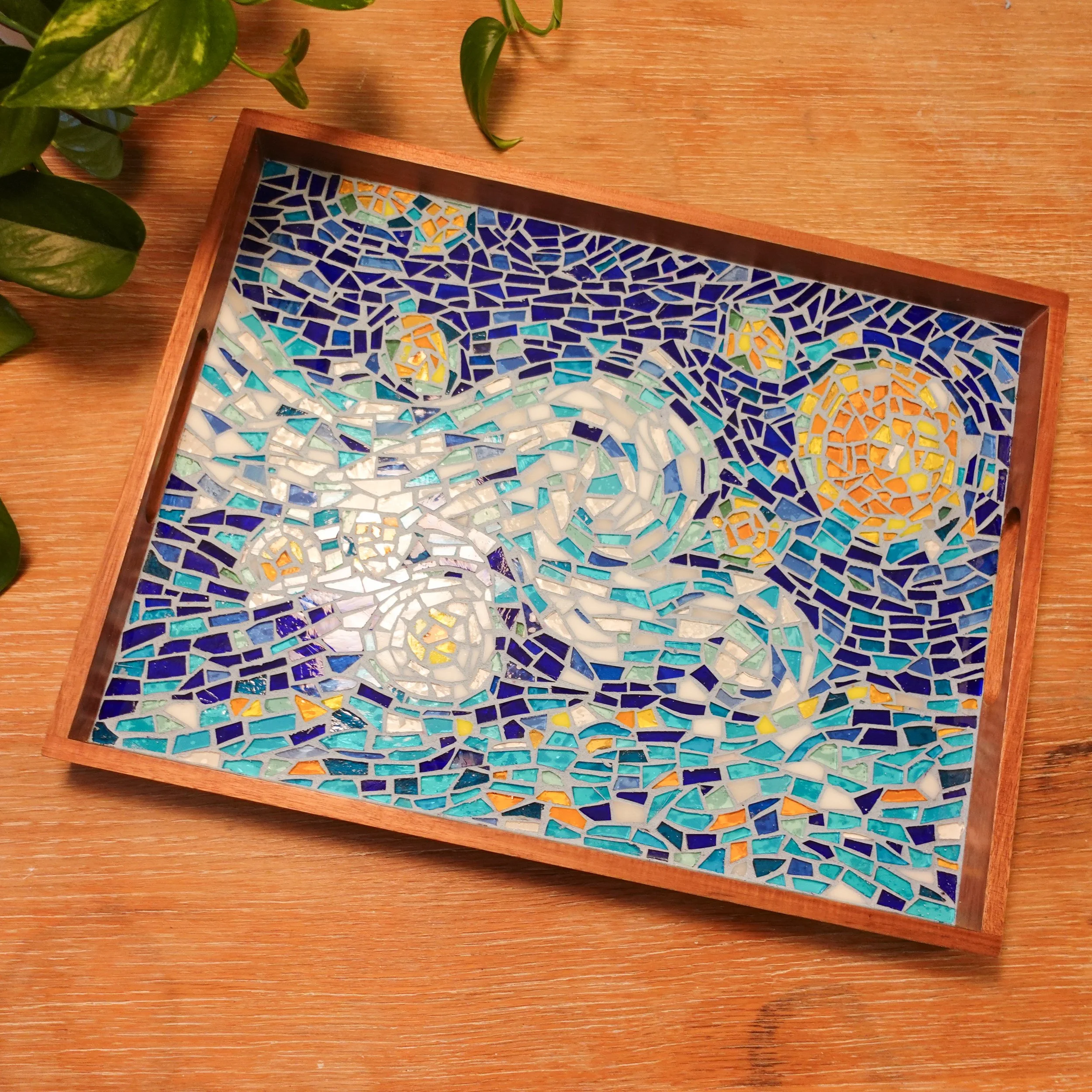 Van Gogh Starry Night Mosaic Tray – Acacia Wood Serving Tray, Handmade Art